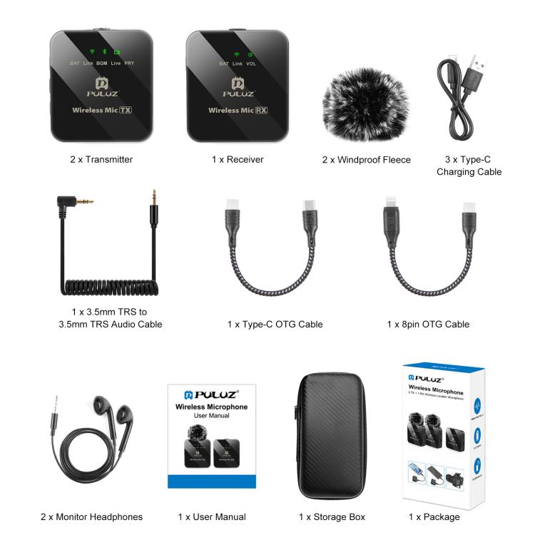 PULUZ Full Pack 2 TX Dual Wireless Type-C Mic for Camera & Phone + Handheld Stick | Διπλό Ασύρματο Μικρόφωνο Type-C με Ακρόαση για Κάμερες & Κινητά