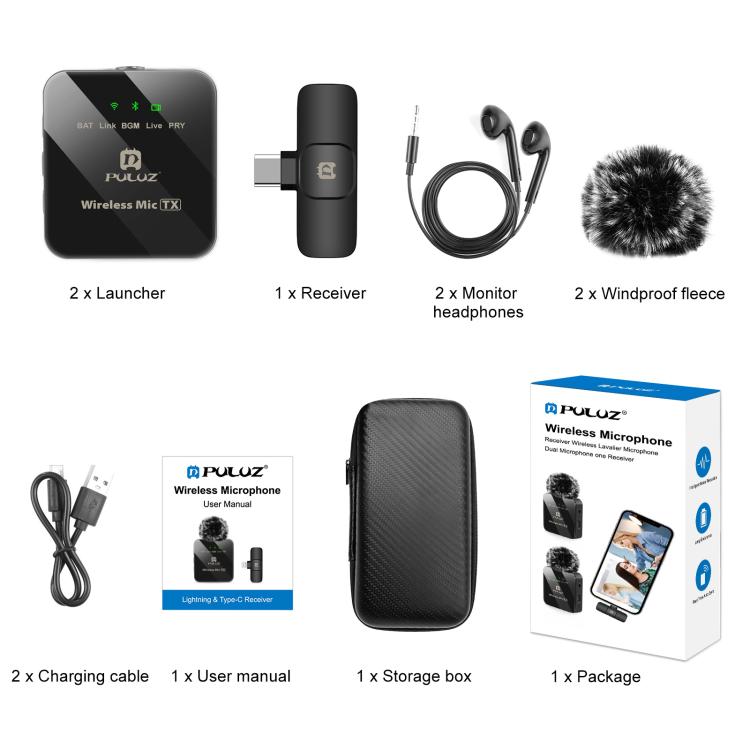 PULUZ 2 TX Dual Wireless Type-C Microphone for Phone + Handheld Stick | Διπλό Ασύρματο Μικρόφωνο Type-C με Hands-Free Ήχο, Bluetooth