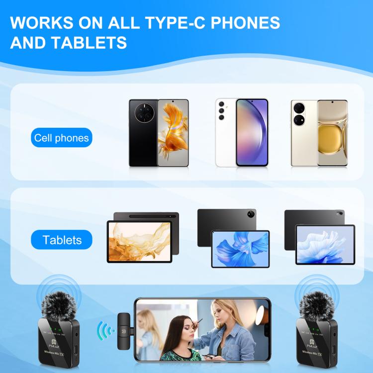PULUZ 2 TX Dual Wireless Type-C Microphone for Phone + Handheld Stick | Διπλό Ασύρματο Μικρόφωνο Type-C με Hands-Free Ήχο, Bluetooth